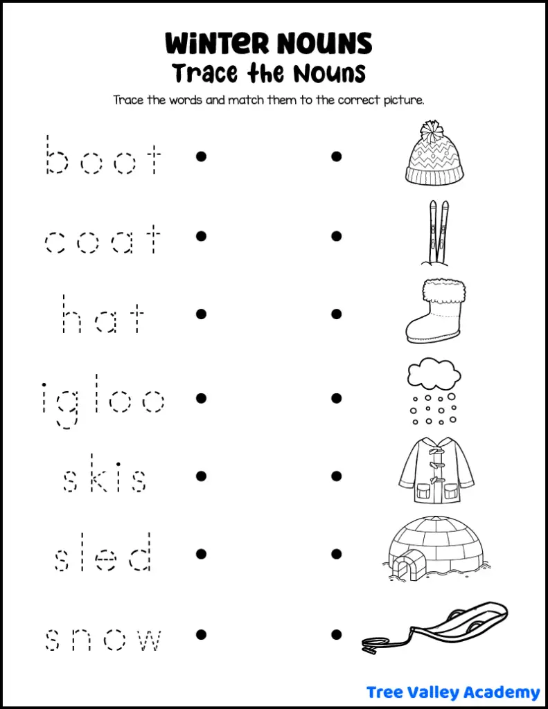 kindergarten winter nouns worksheets - tree valley academy